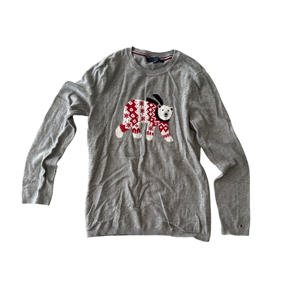 Tommy Hilfiger‎ Womens Gray Polar Bear Fair Isle Cotton Crewneck Sweater Medium